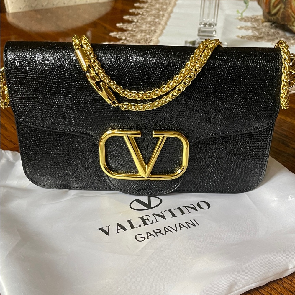 Valentino Black Shoulder Bag with Gold Chain
